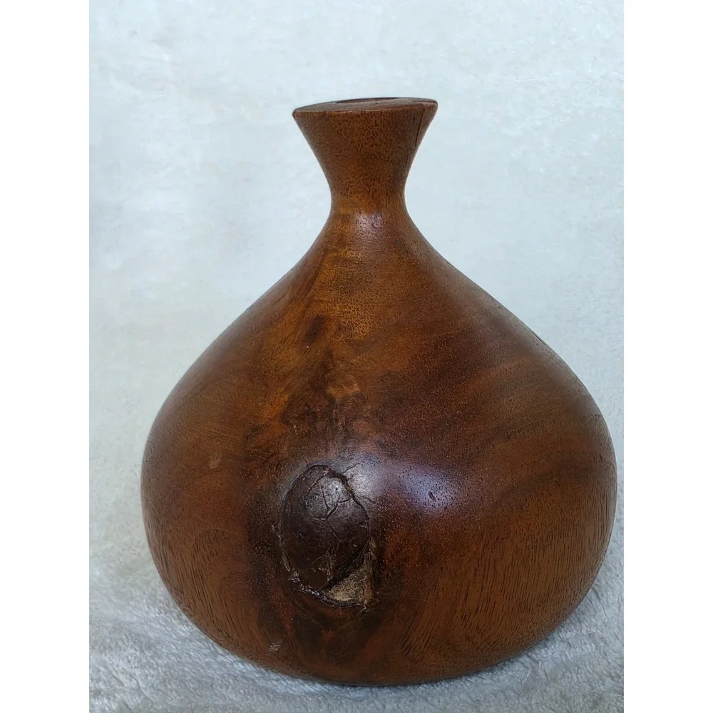 Vintage Hand Turned Solid Wood Weed Vase Teardrop Bud Vase Natural Grain Decor
